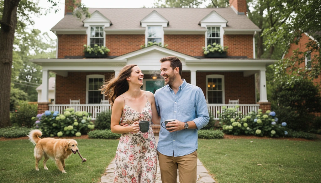 Couple with dog in front of home