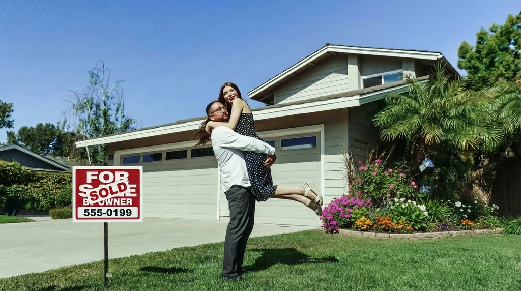 Happy couple celebrating home purchase with sold sign