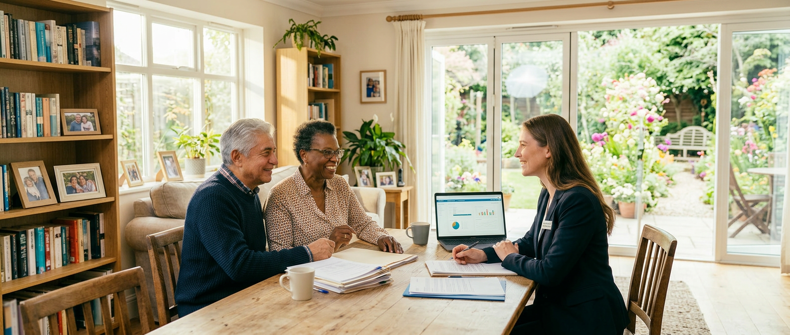 Senior couple meeting with broker in bright room with big windows