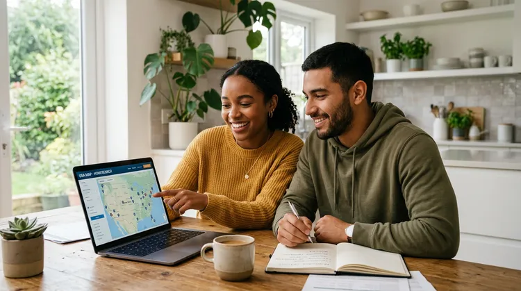 Diverse young couple looking at a map of the United States on a laptop