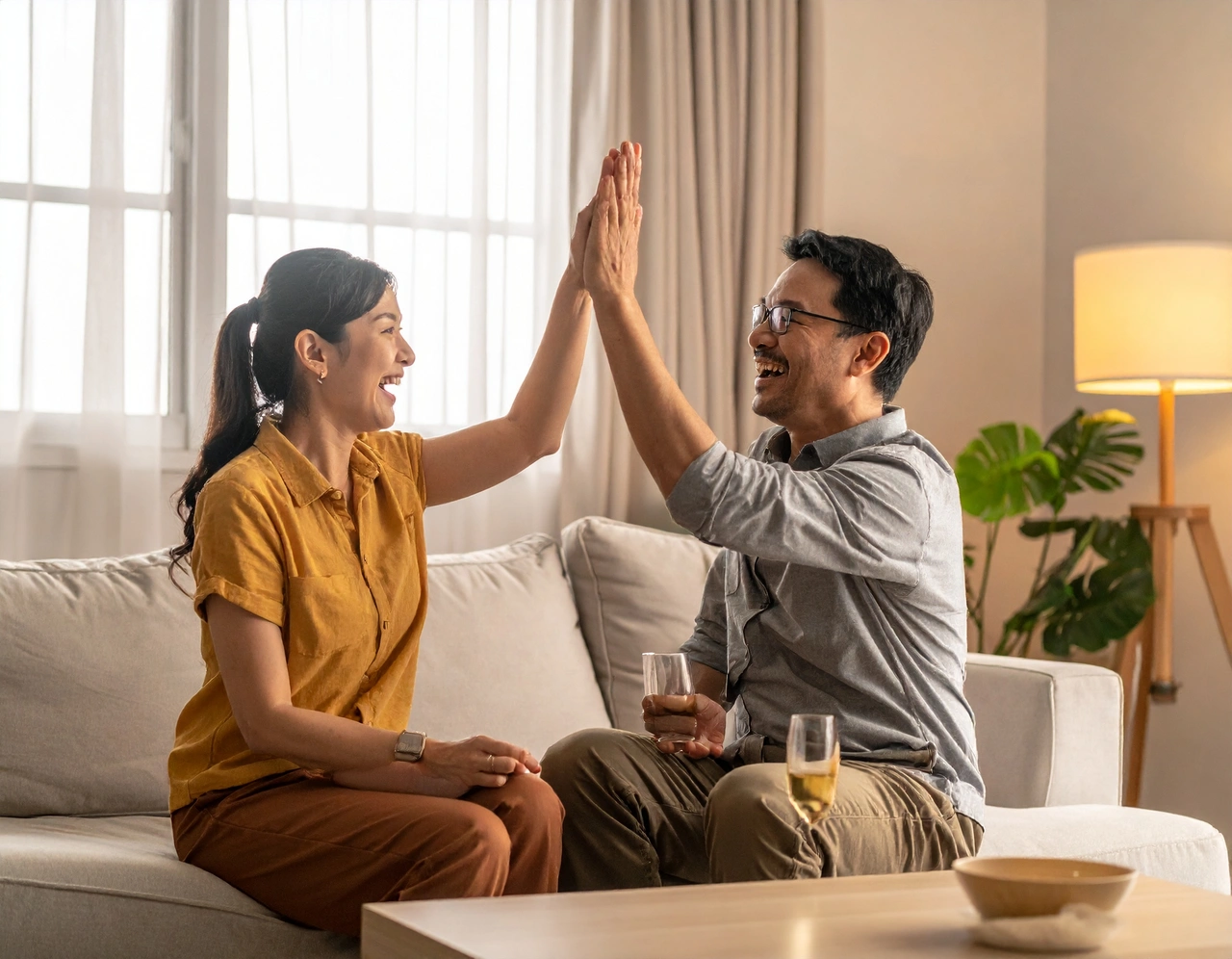 Man and woman celebrating in their living room