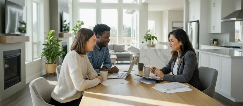 Young couple discussing finances at kitchen table with mortgage broker