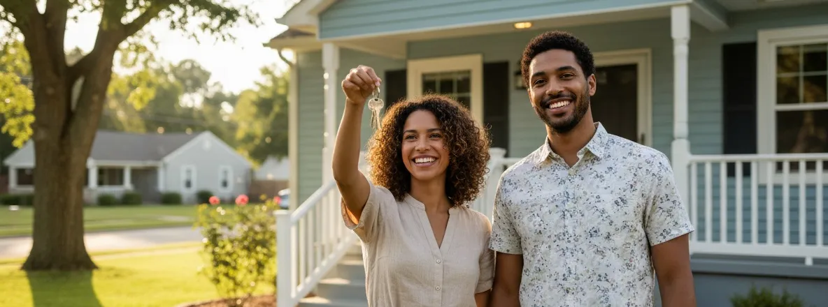 Diverse couple holding keys to their new home