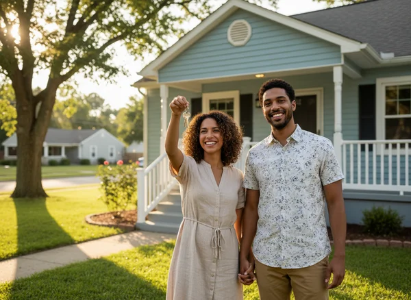 Diverse couple holding keys to their new home