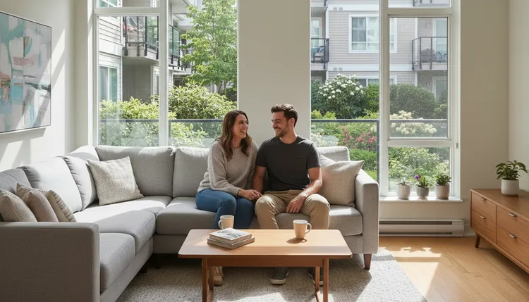 Young couple in comfortable modern condo living room, second floor view through window