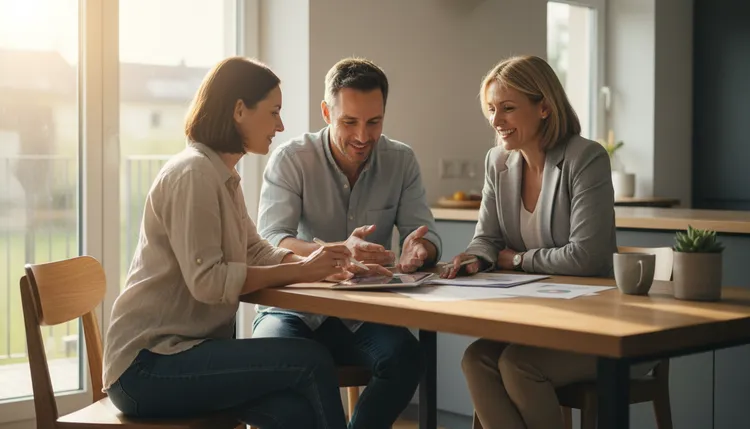 Homeowners discussing refinance options with a broker