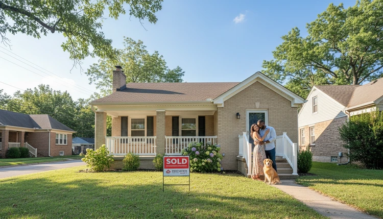 Starter home with sold sign, young couple in front yard