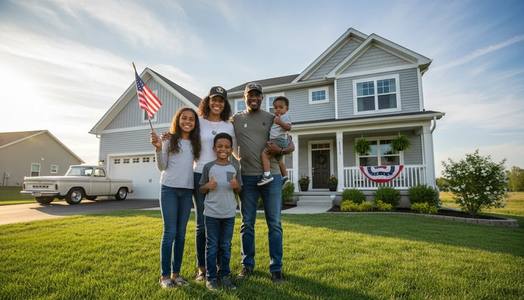 Military veteran family in front of their new home