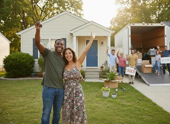 Young diverse couple celebrating in front of their new modest home on moving day