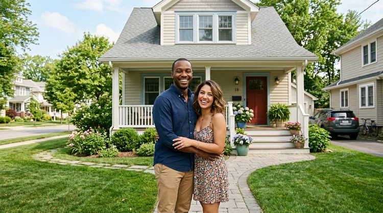 Diverse young couple smiling in front of a single-family home