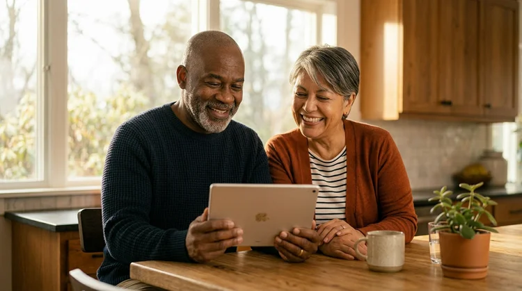 Senior couple looking at table in kitchen